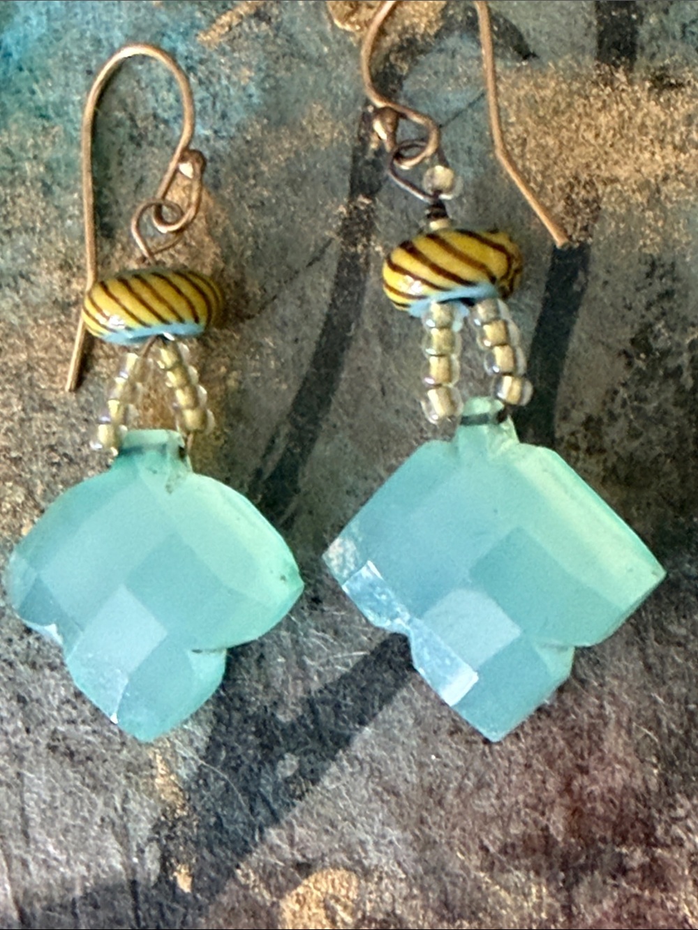 Chalcedony carved  seafoam blue green with Venetian glass beads pierced earrings - Picture 8 of 8